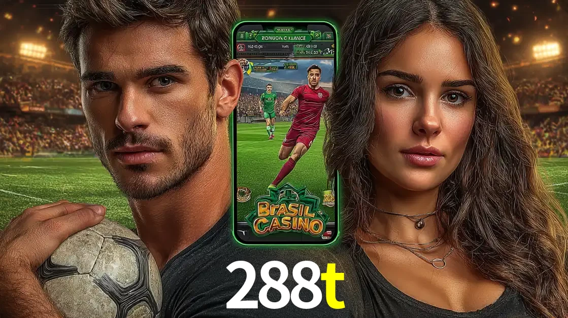 Homem segurando uma bola de futebol e uma mulher ao lado de um smartphone exibindo o jogo de apostas esportivas da 288t. Faça seu palpite no cassino online.